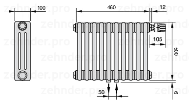 Схема (чертеж) Радиатор Zehnder Charleston 3050/10 №V008 Белый глянцевый RAL 9016